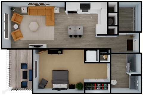 Floor plan for 1 bed, 1 bath, 734 sqft